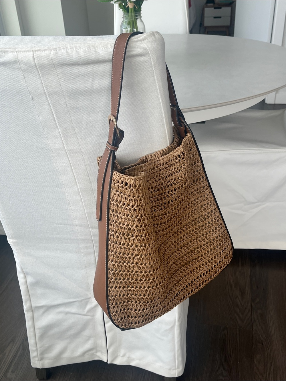 Woven Straw Shoulder Bag with Leather Trim